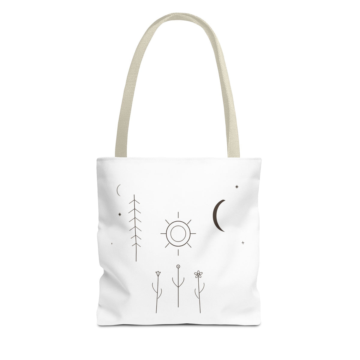 Minimal Moon and Sun botanical tote bag featuring celestial line art design, crafted by Printify for stylish everyday use.