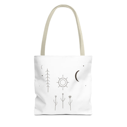 Minimal Moon and Sun botanical tote bag featuring celestial line art design, crafted by Printify for stylish everyday use.