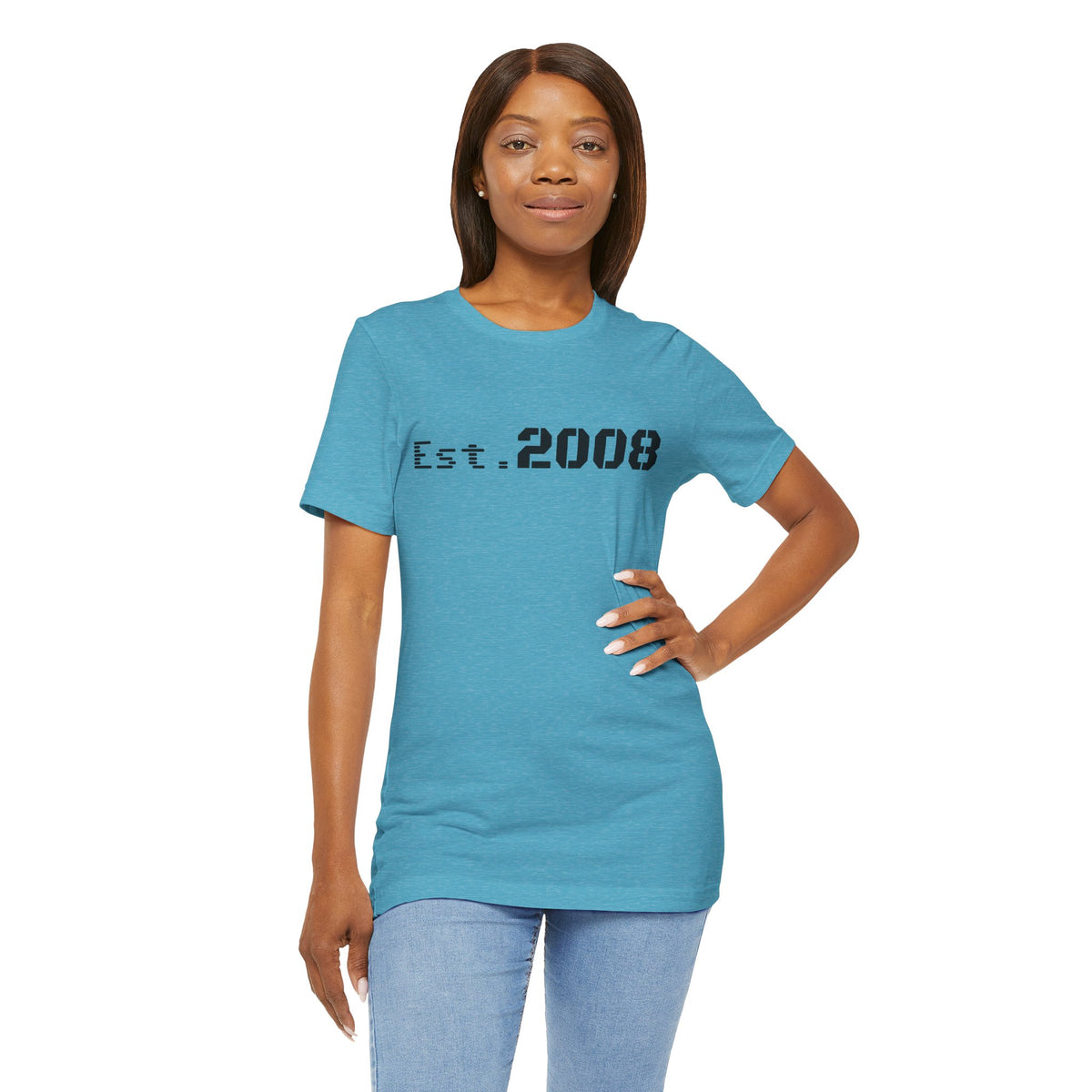 Black graphic T-shirt by Printify featuring "Established 2008" minimal design on the front.