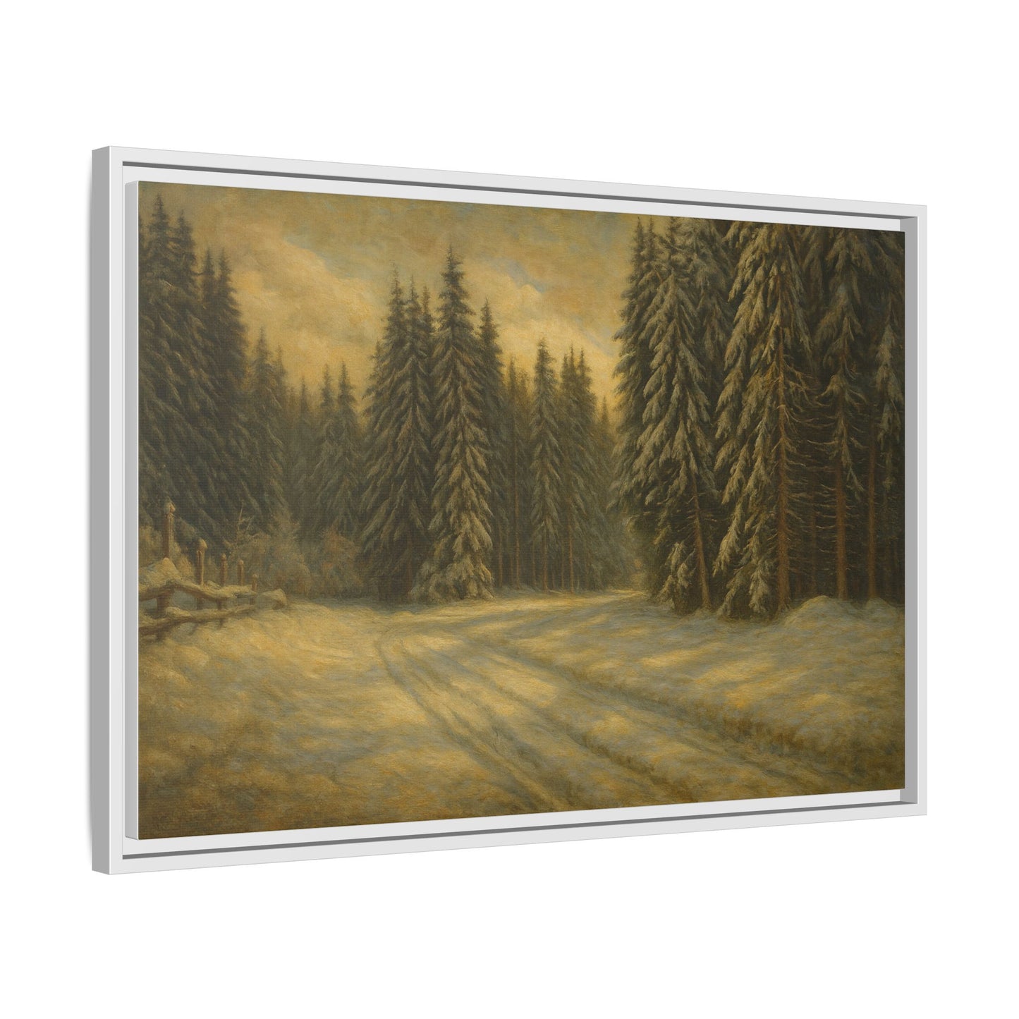 Framed matte canvas wall art featuring a winter forest landscape with snow-covered trees, by Printify.