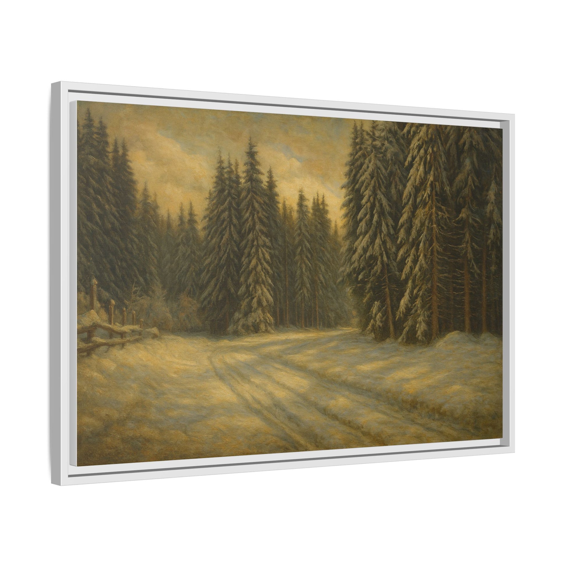 Framed matte canvas wall art featuring a winter forest landscape with snow-covered trees, by Printify.