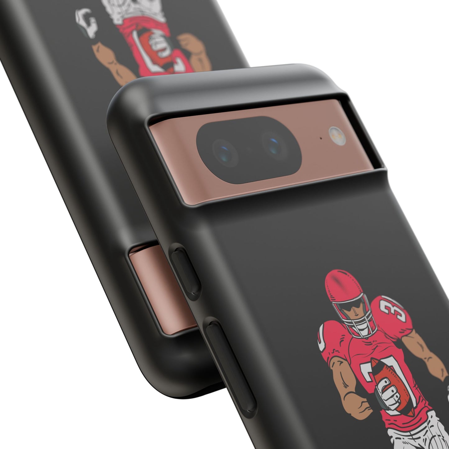 Black football player tough phone case for iPhone, protective sports design by Printify, featuring athletic athlete imagery.