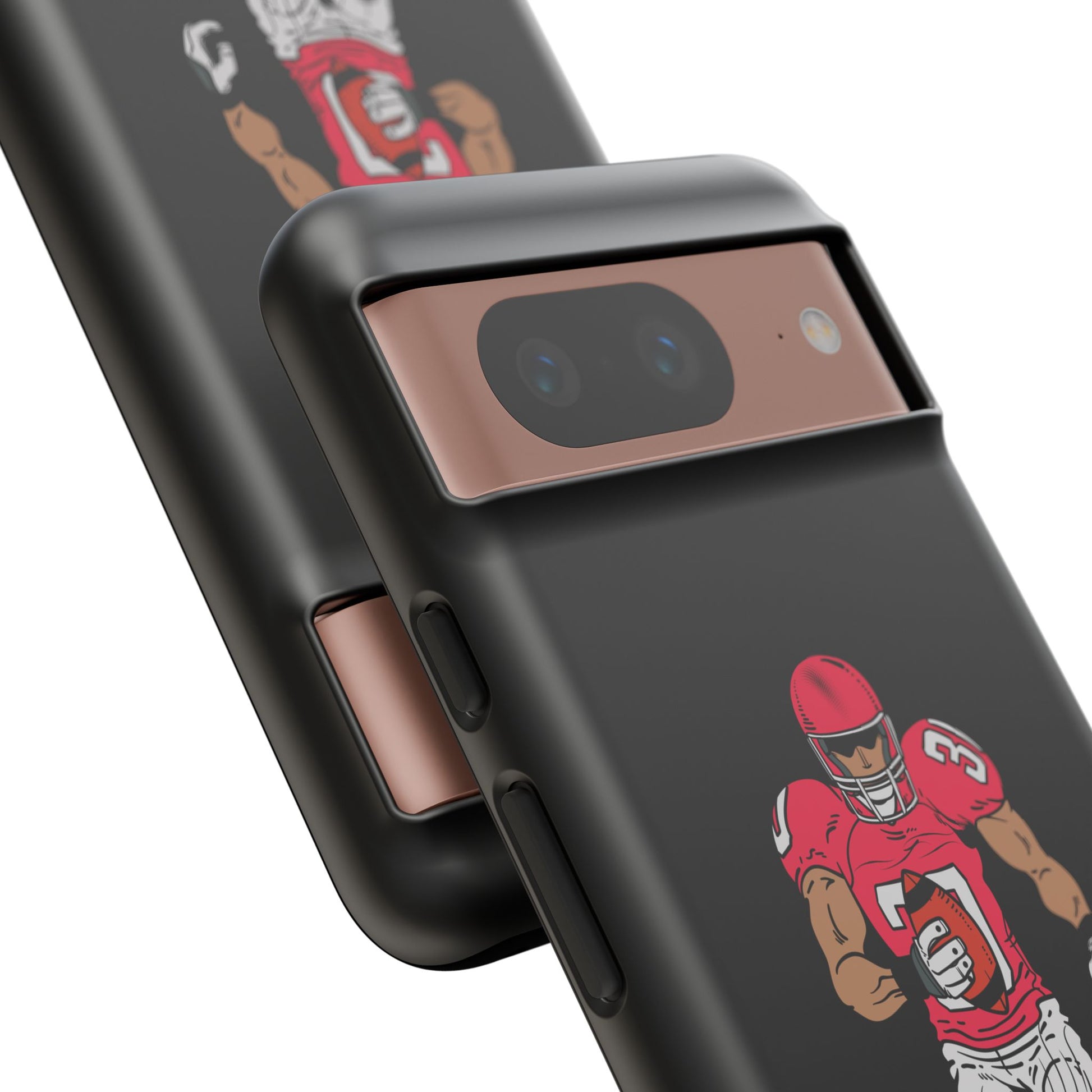Black football player tough phone case for iPhone, protective sports design by Printify, featuring athletic athlete imagery.