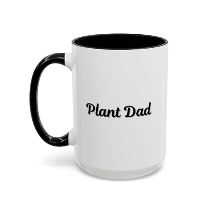 Black-handle Plant Dad coffee mug by Printify featuring a plant lover design, available in 11oz or 15oz sizes.