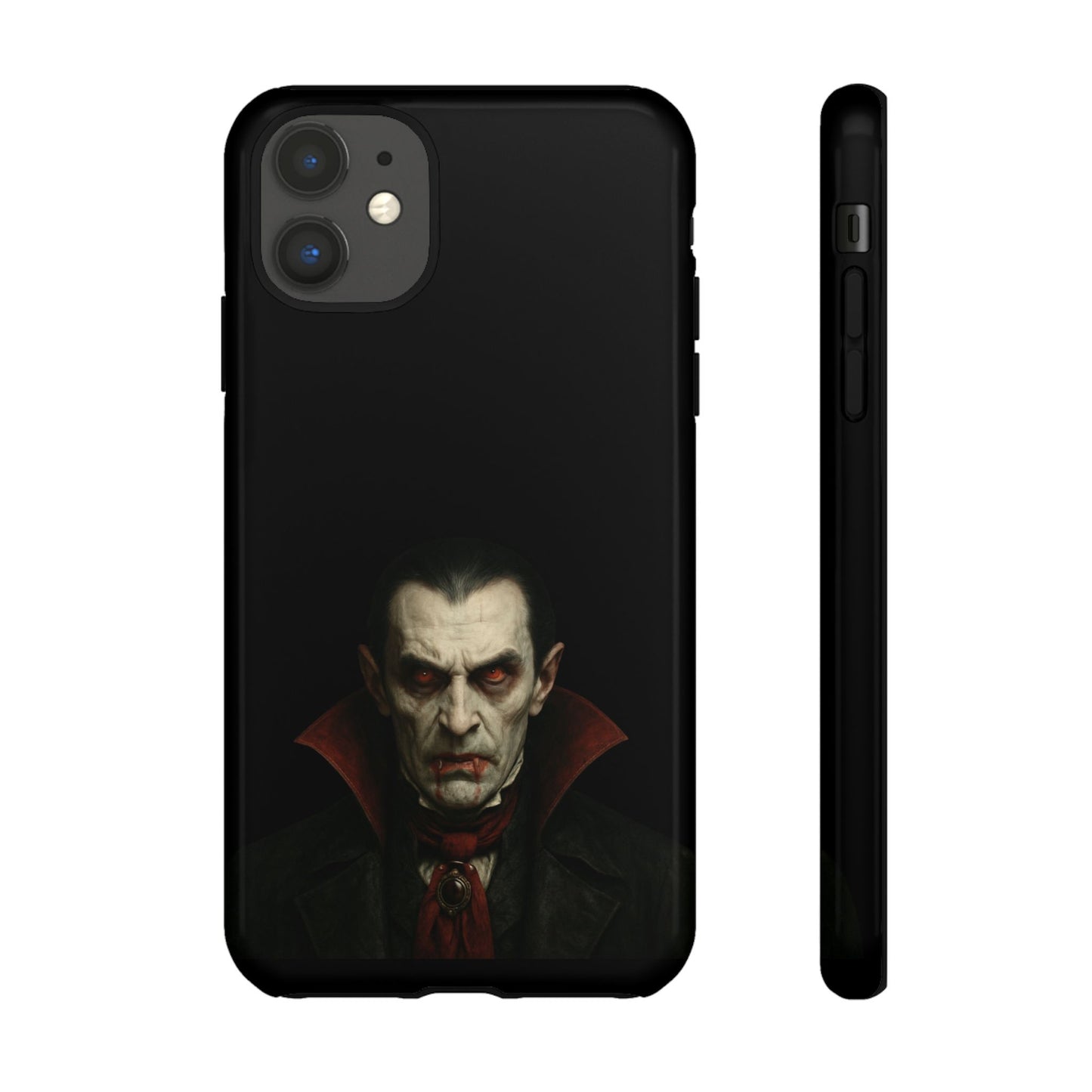 Gothic Dracula vampire portrait phone case for iPhone, featuring a dark horror-themed vampire design on a Printify phone cover.