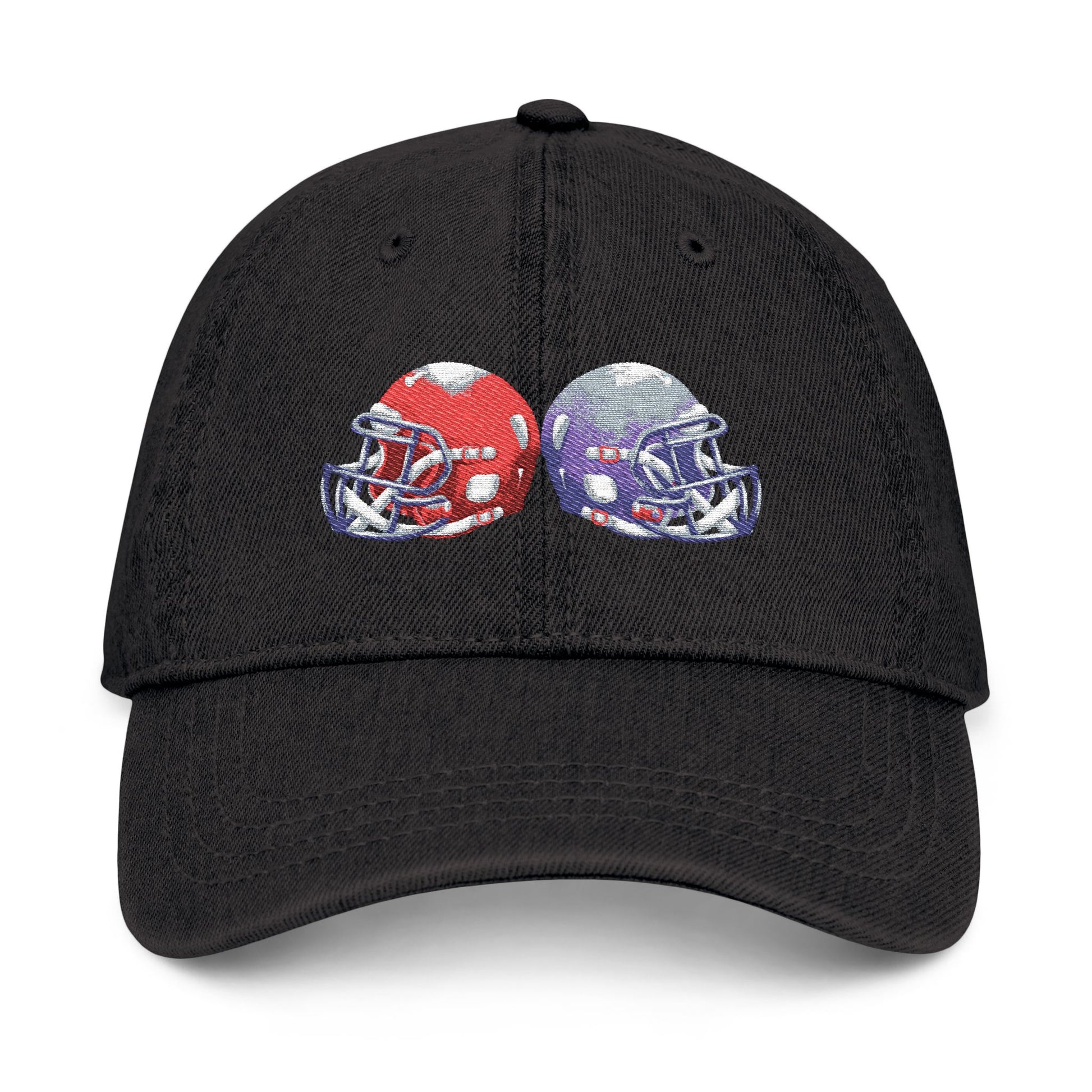 Red and blue embroidered football helmets denim hat with team cap design by Printify, casual sports-inspired accessory.