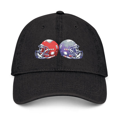 Red and blue embroidered football helmets denim hat with team cap design by Printify, casual sports-inspired accessory.