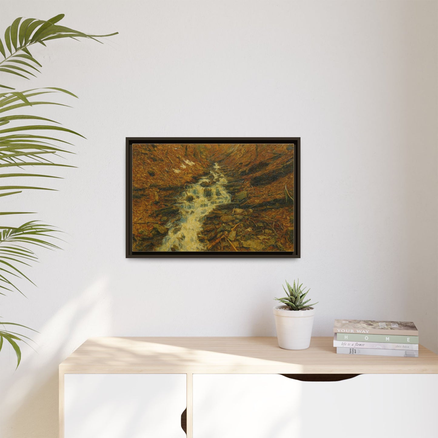 Framed matte canvas print of autumn stream landscape artwork by Printify, showcasing vibrant fall colors and natural scenery.