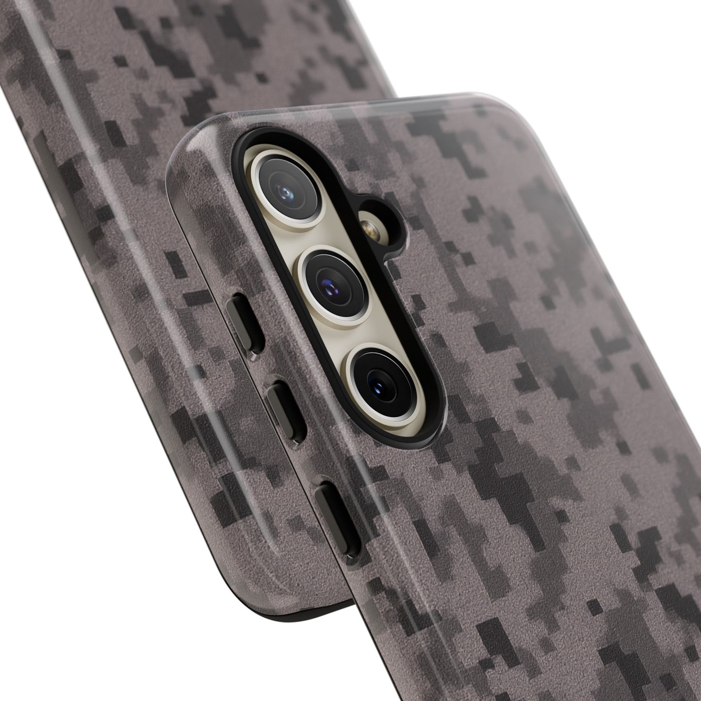 Gray digital camouflage phone case by Printify, tough protective cover for smartphones with a rugged camo design.