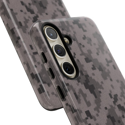 Gray digital camouflage phone case by Printify, tough protective cover for smartphones with a rugged camo design.