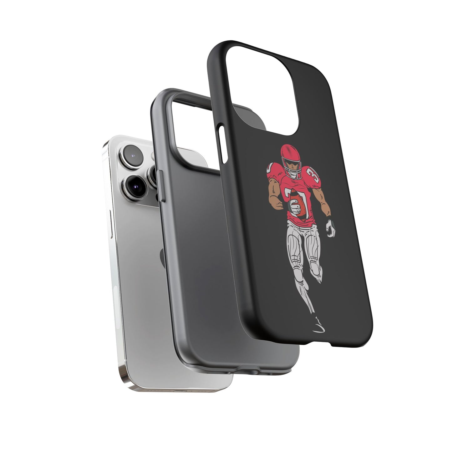 Black football player tough phone case for iPhone with protective design, ideal for sports fans and durable smartphone protection.