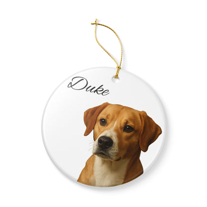 Personalized ceramic dog portrait ornament featuring Duke, a custom pet ornament from Printify with detailed dog illustration.