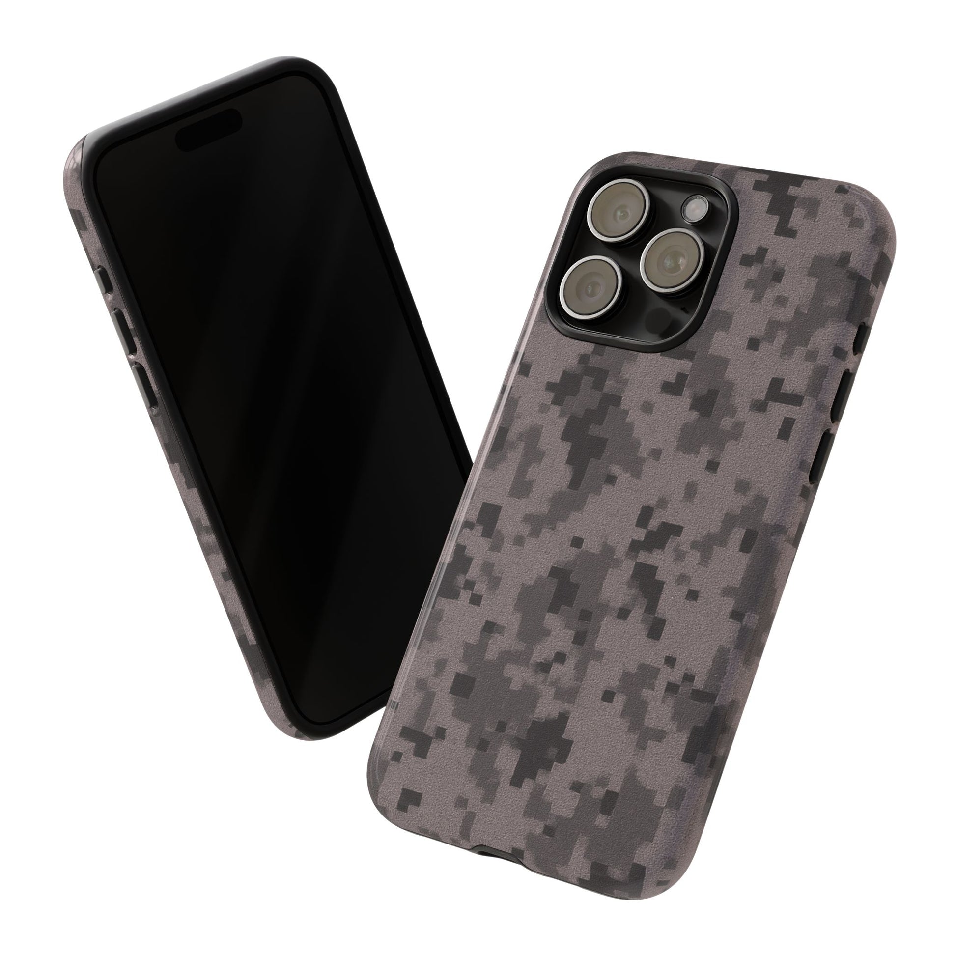 Gray digital camouflage phone case by Printify, tough protective cover designed for smartphones with a rugged camouflage pattern.