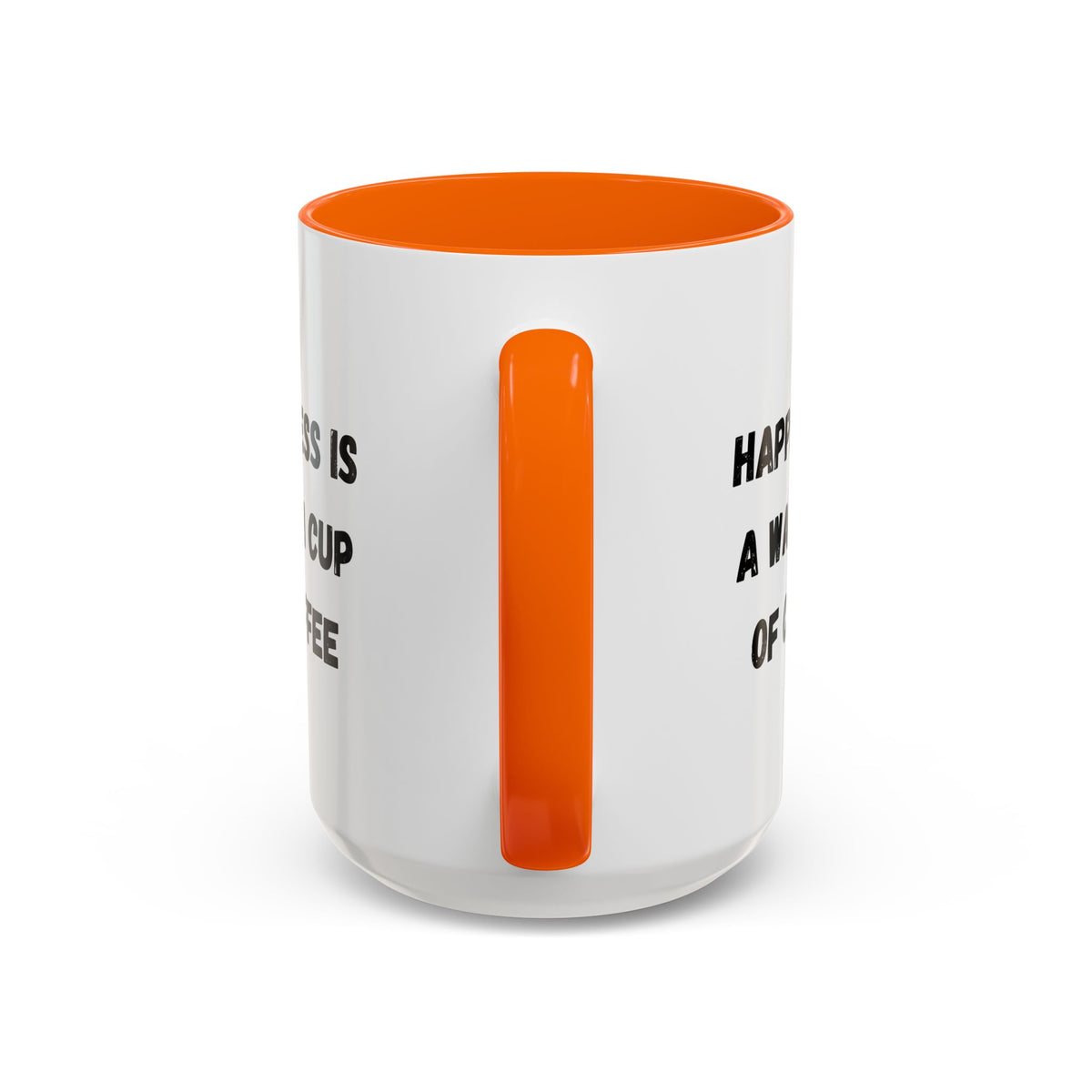 Ceramic coffee mug with "Happiness Is A Warm Cup Of Coffee" quote, printed by Printify, featuring a cozy and stylish design.