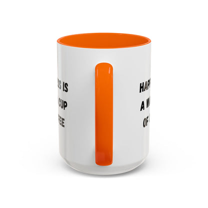 Ceramic coffee mug with "Happiness Is A Warm Cup Of Coffee" quote, printed by Printify, featuring a cozy and stylish design.