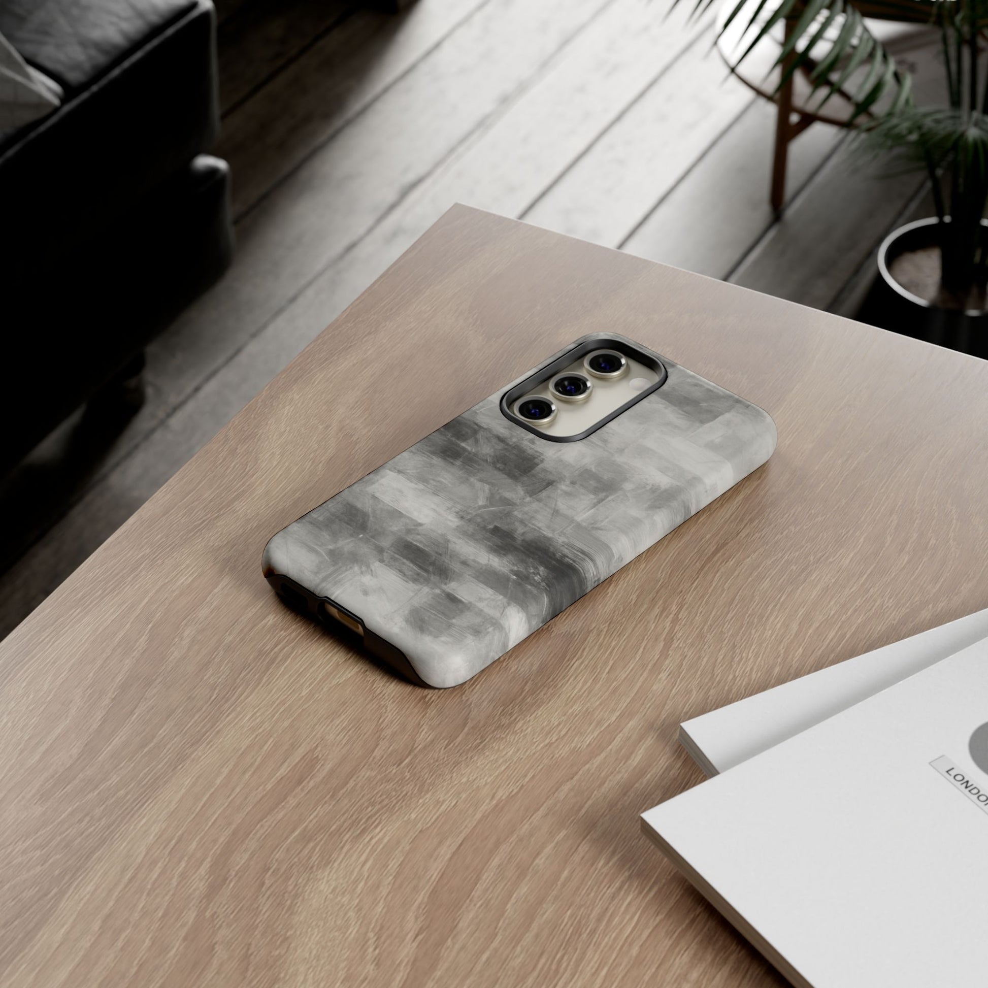 Abstract gray grid phone case for iPhone, tough protective cover by Printify, featuring a modern geometric design.