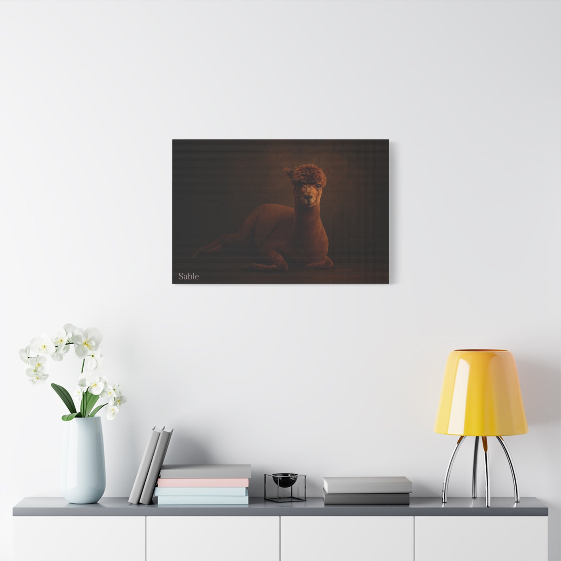 Alpaca portrait on matte canvas print by Printify, featuring a detailed alpaca illustration in a natural setting.