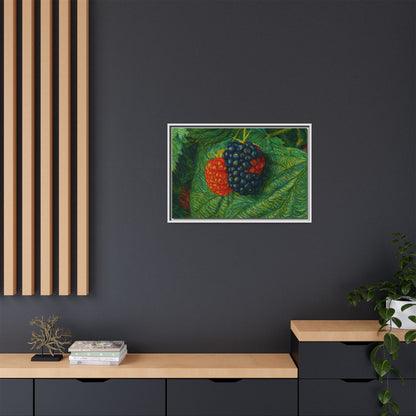 Blackberry still life framed canvas print by Printify showing a detailed image of ripe blackberries on a white background.