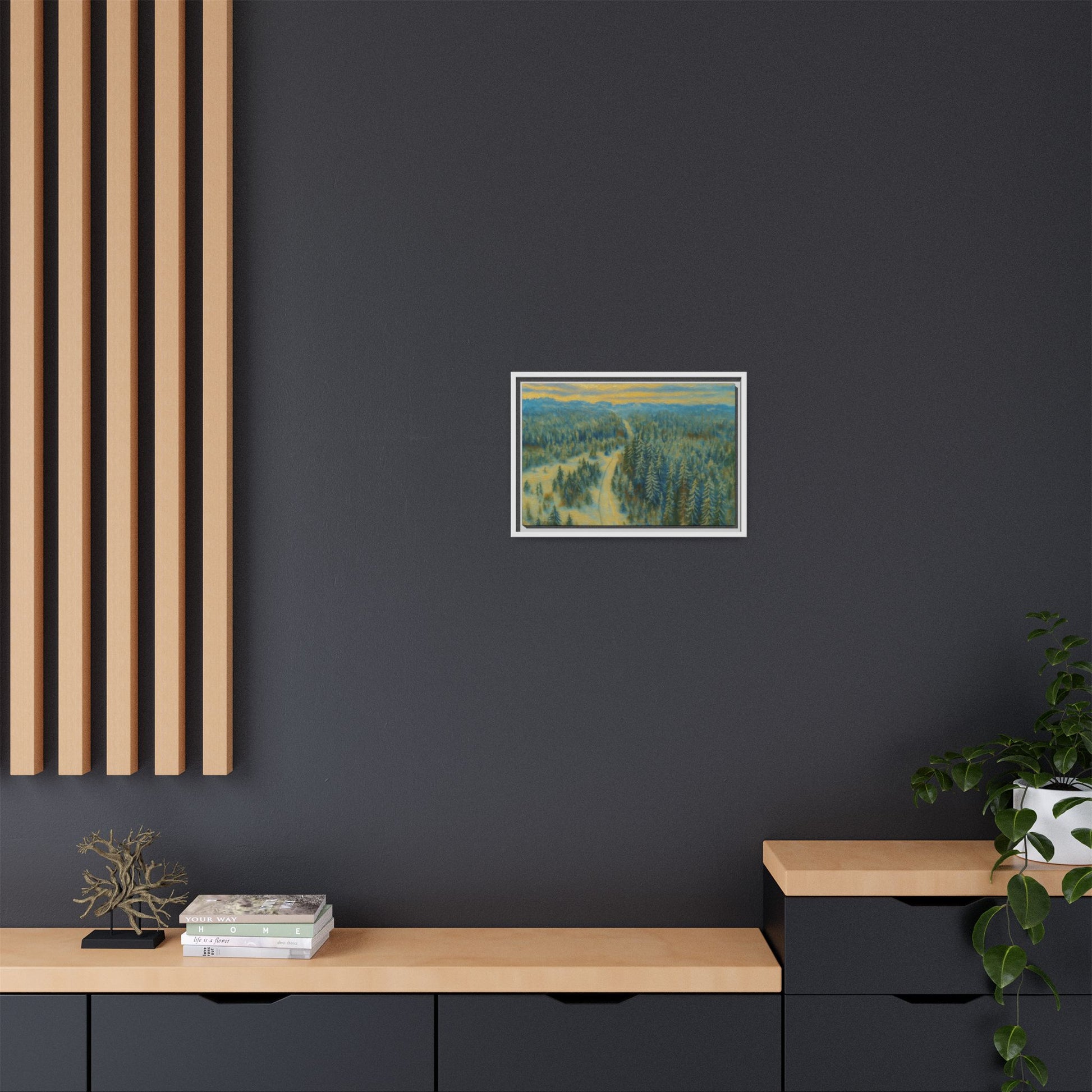 Framed matte canvas print of a serene winter forest landscape by Printify, showcasing snowy trees and peaceful scenery.