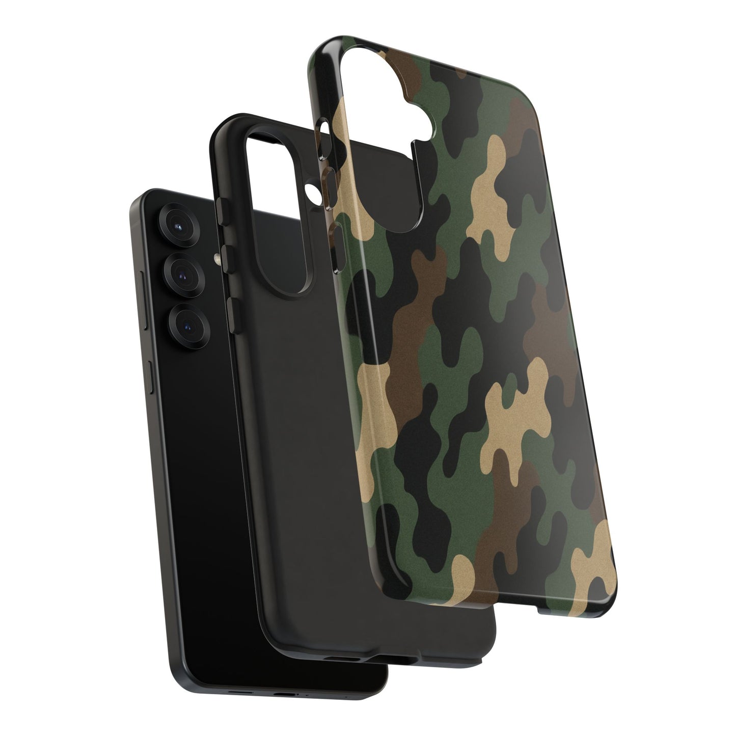 Camouflage tough phone case by Printify showing a rugged, camo-patterned protective cover on a smartphone.