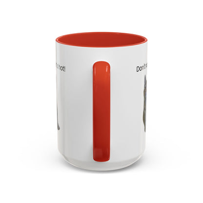 Ceramic cat coffee mug with "Don't rush, it's hot!" slogan in 11 oz size, featuring a cute cat design and bright colors.
