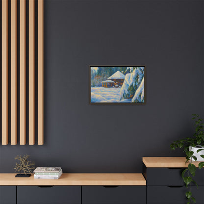 Framed matte canvas wall art of a snowy cabin winter landscape, showcasing a cozy winter scene by Printify