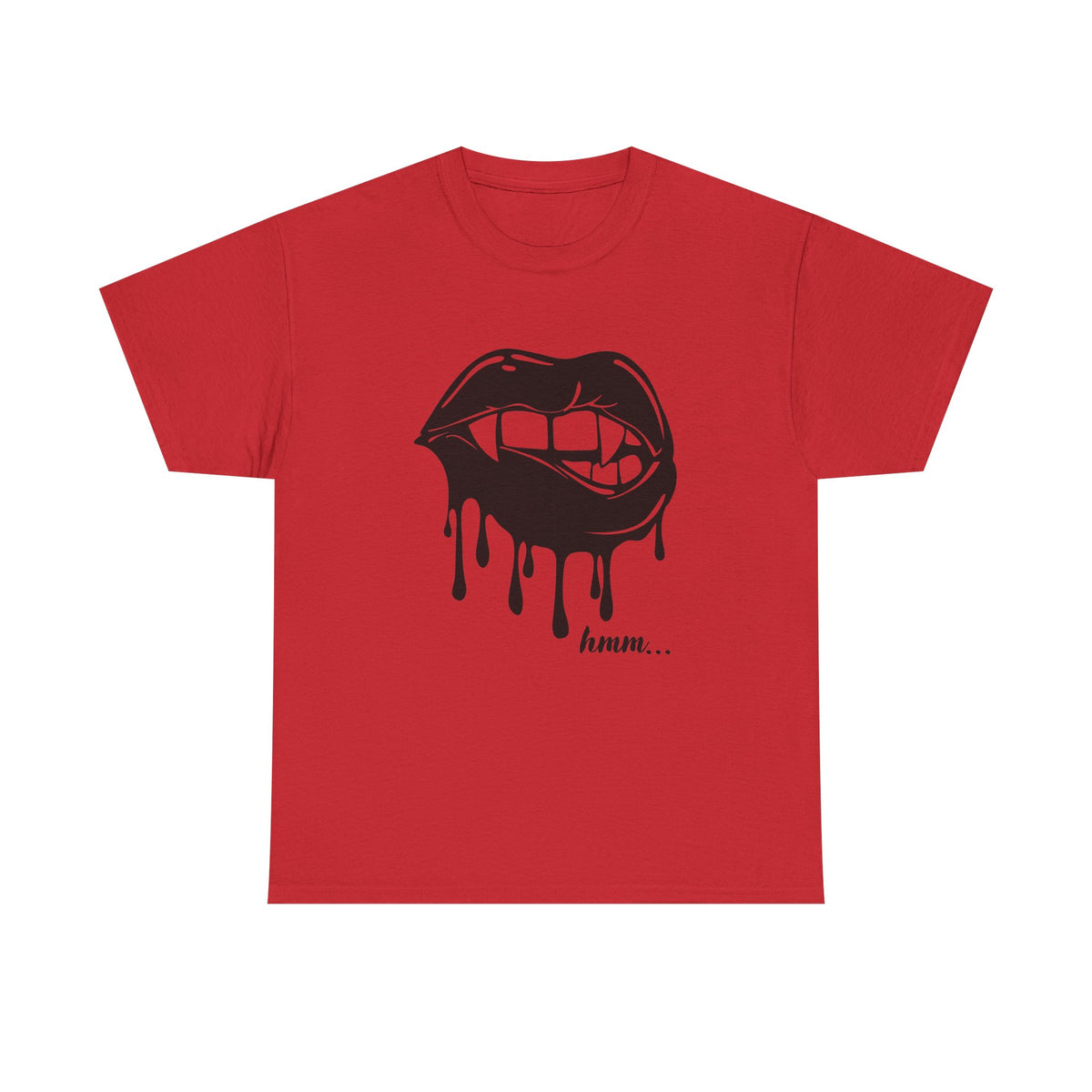 Graphic T-shirt by Printify featuring a dripping lips 'hmm...' bite design in bold black and white artwork.