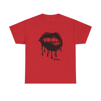 Graphic T-shirt by Printify featuring a dripping lips 'hmm...' bite design in bold black and white artwork.
