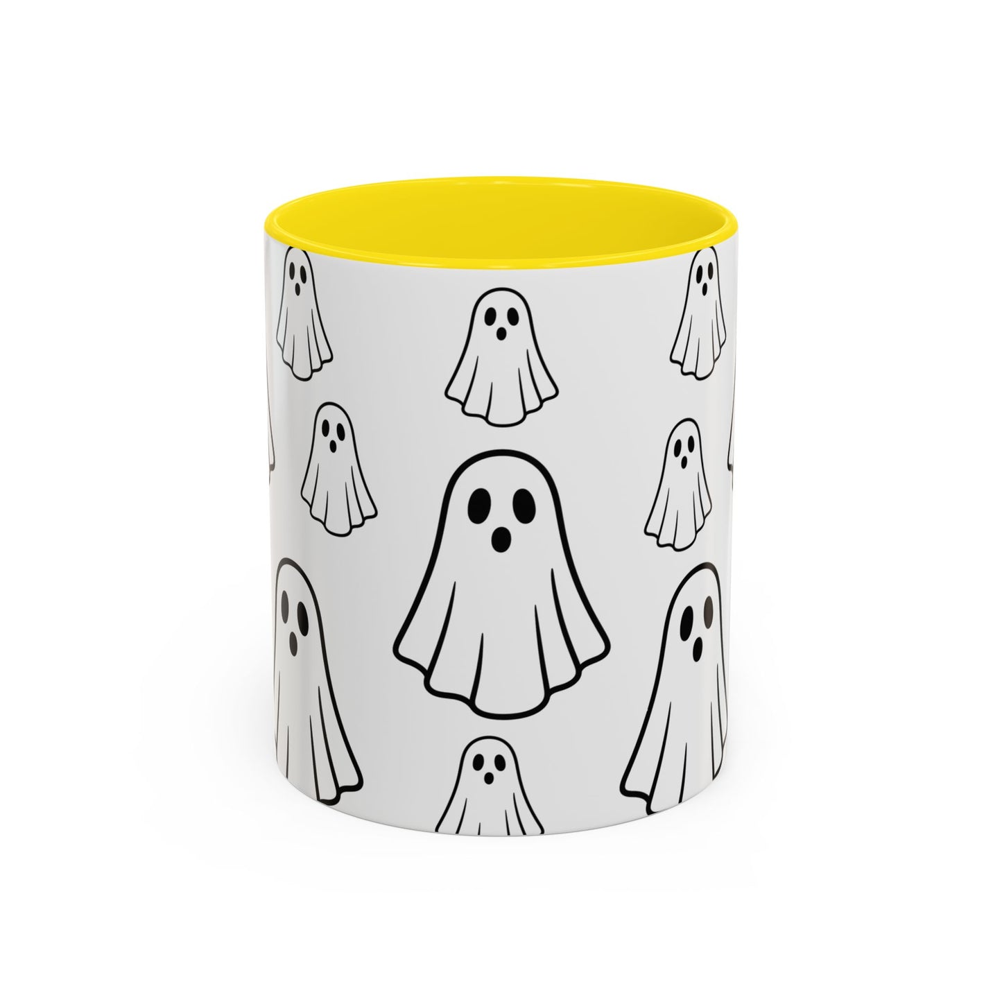 Cute ceramic coffee mug with ghost pattern, 11oz, featuring a Halloween-themed design by Printify.
