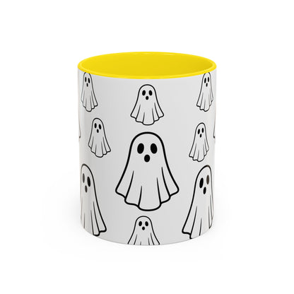 Cute ceramic coffee mug with ghost pattern, 11oz, featuring a Halloween-themed design by Printify.
