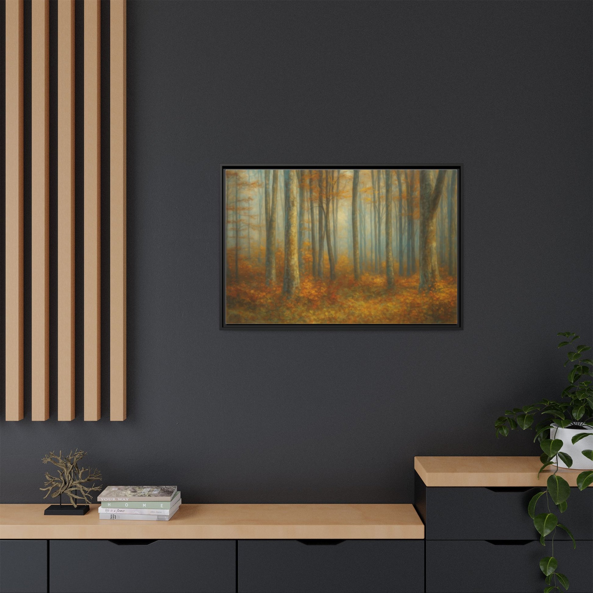 Framed autumn forest canvas print featuring misty woodland scene, wall art by Printify, showcasing vibrant fall colors and natural landscape.