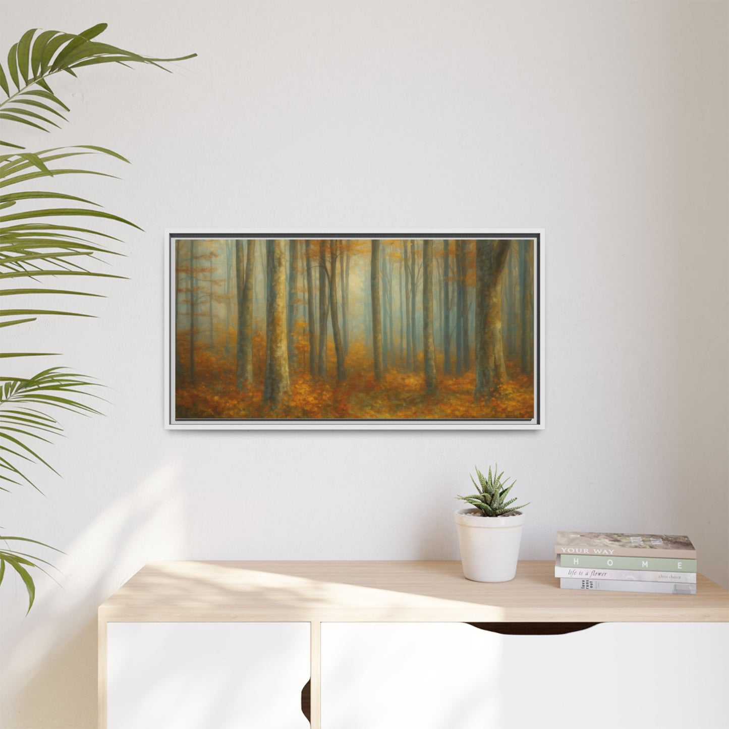 Framed autumn forest canvas print featuring misty woodland scene, wall art by Printify, ideal for nature-inspired home decor.