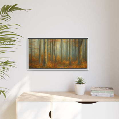 Framed autumn forest canvas print featuring misty woodland scene, wall art by Printify, ideal for nature-inspired home decor.
