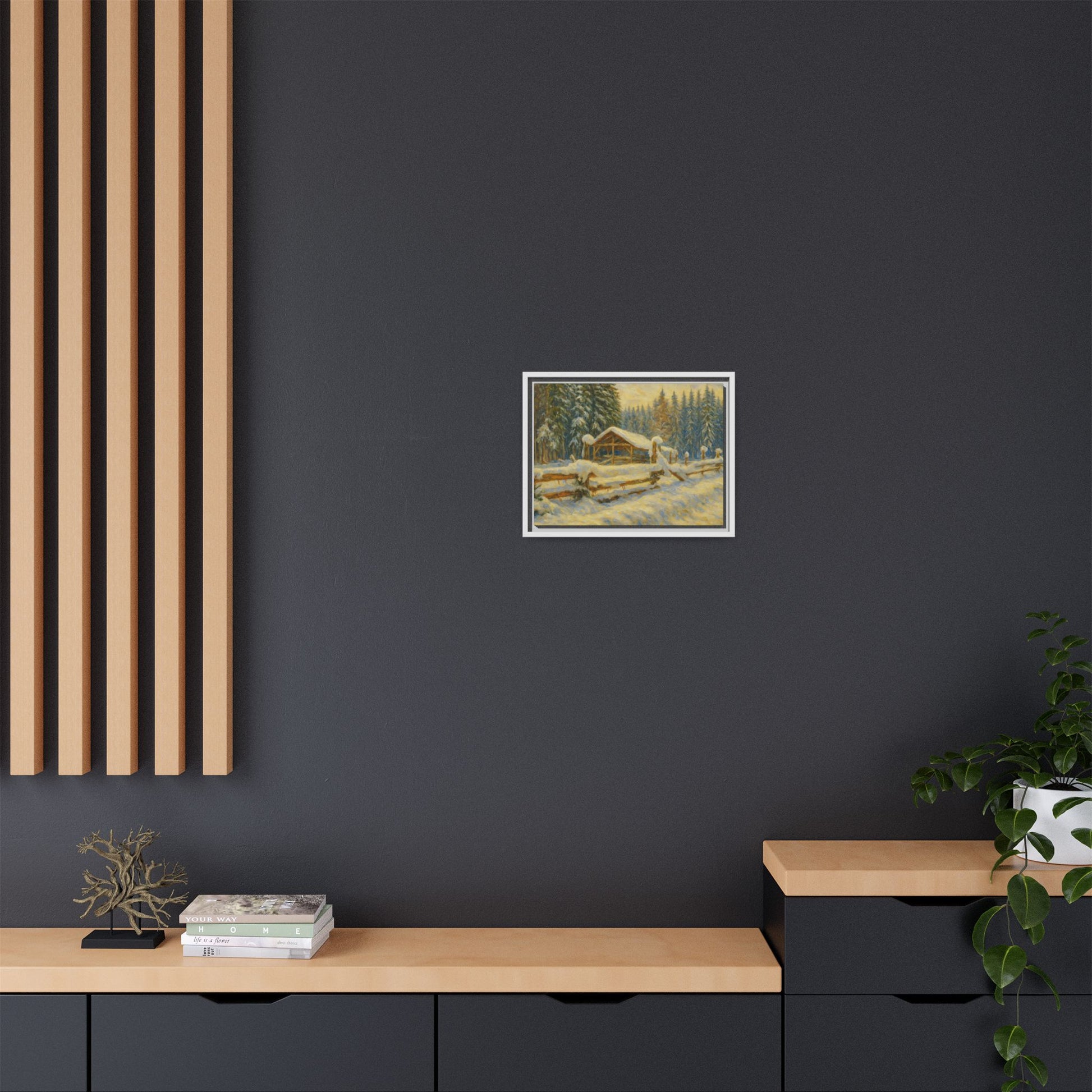 Snowy cabin winter landscape canvas wall art by Printify featuring a cozy cabin scene with snow-covered trees and a peaceful winter setting.