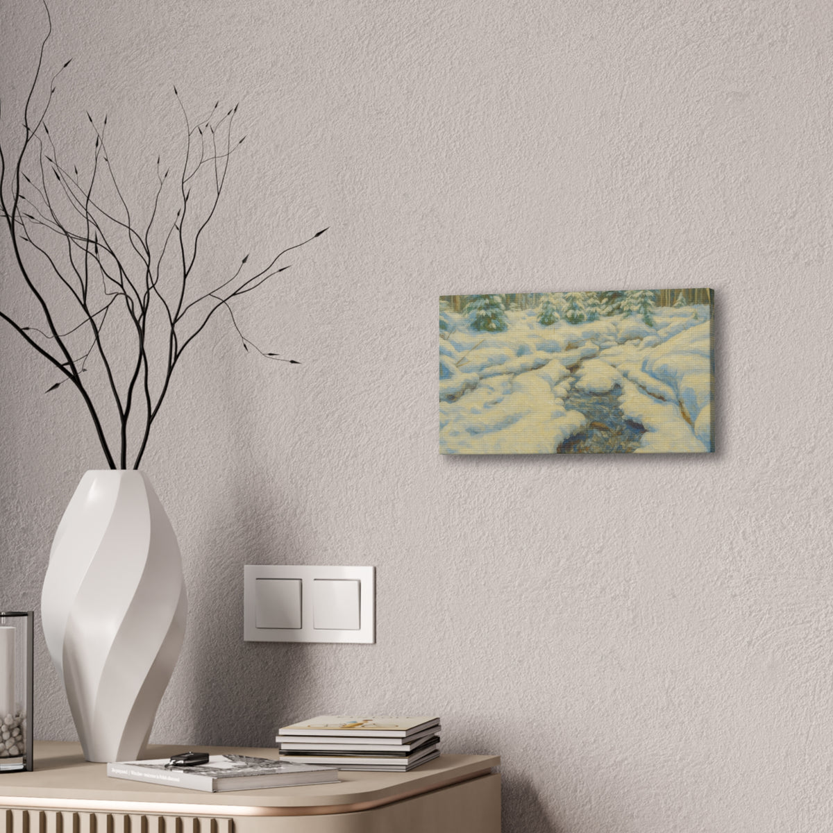 Snowy forest stream winter landscape canvas wall art by Printify, featuring a serene snow-covered forest scene on stretched canvas