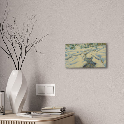 Snowy forest stream winter landscape canvas wall art by Printify, featuring a serene snow-covered forest scene on stretched canvas