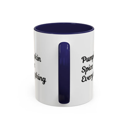 Pumpkin Spice Everything accent coffee mug by Printify, fall-themed ceramic mug with orange and brown pumpkin design, 11oz.