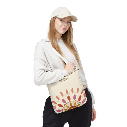 Boho floral mandala tote bag with pastel sunburst pattern, made by Printify, featuring vibrant, artistic bag design.
