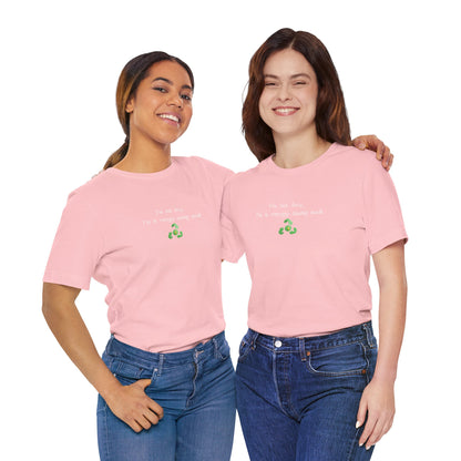 Eco-friendly mock T-shirt with humorous "I’m Not Lazy, I’m an Energy-Saving Mock" print, casual fit, black fabric, Printify brand.