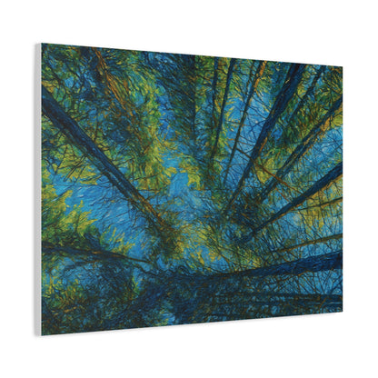 Forest Canopy Matte Canvas Wall Art — Upward View of Trees, Blue & Green Nature Print
