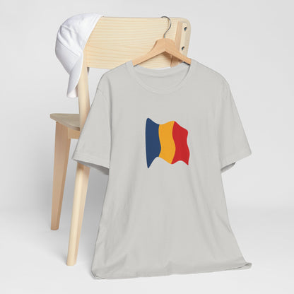 Romania flag T-shirt by Printify featuring a minimal waving tricolor design on a casual T-shirt.