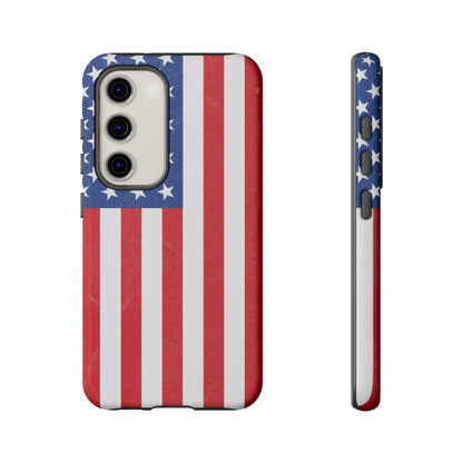 American flag tough phone case for iPhone and Samsung, patriotic protective cover with bold flag design by Printify.