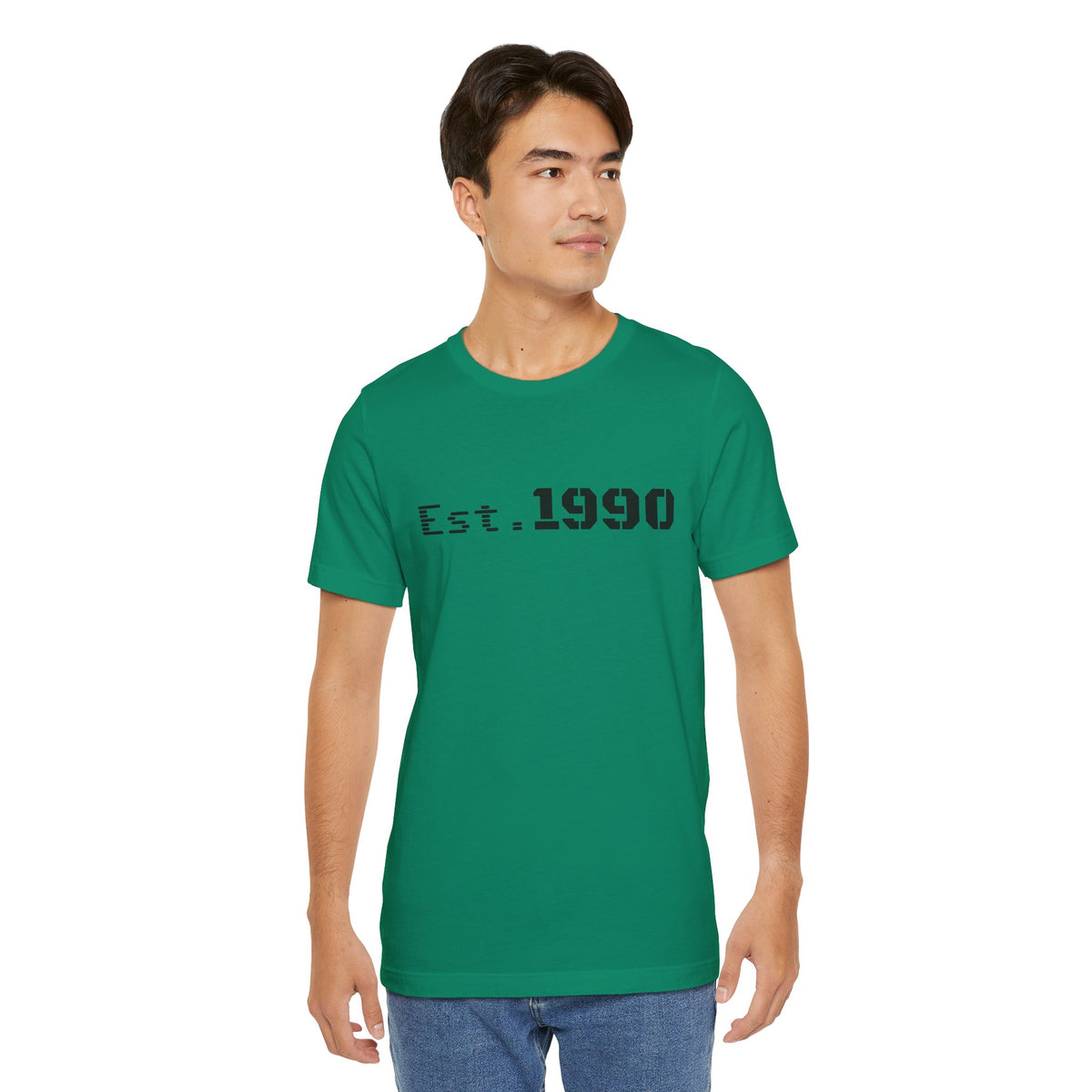 Vintage Est. 1990 T-Shirt by Printify featuring classic birth year design on a casual cotton tee.