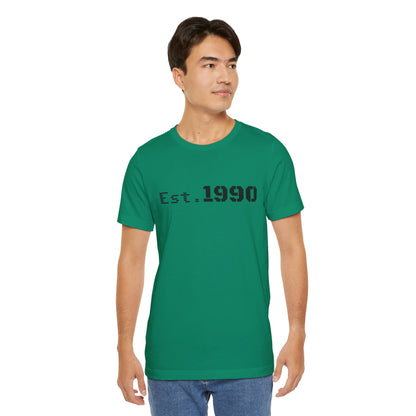 Vintage Est. 1990 T-Shirt by Printify featuring classic birth year design on a casual cotton tee.