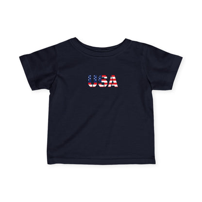 Baby infant tee shirt featuring USA flag block print, made by Printify, casual kids' clothing for patriotic style.