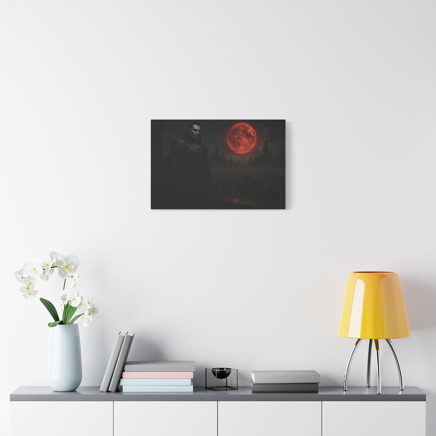 Red moon vampire lord matte canvas print featuring dark, gothic artwork on high-quality canvas by Printify.