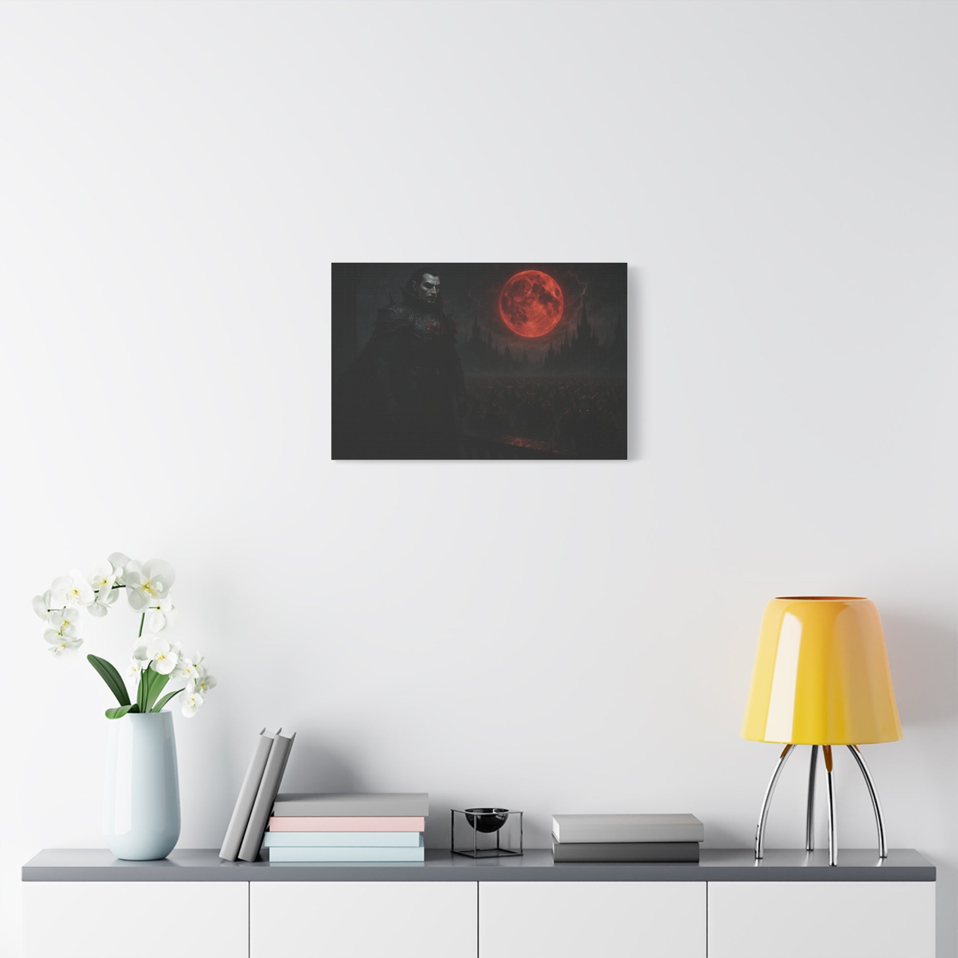 Red moon vampire lord matte canvas print featuring dark, gothic artwork on high-quality canvas by Printify.