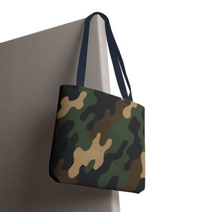 Camo pattern tote bag by Printify featuring an all-over camouflage print on durable canvas carryall bag.