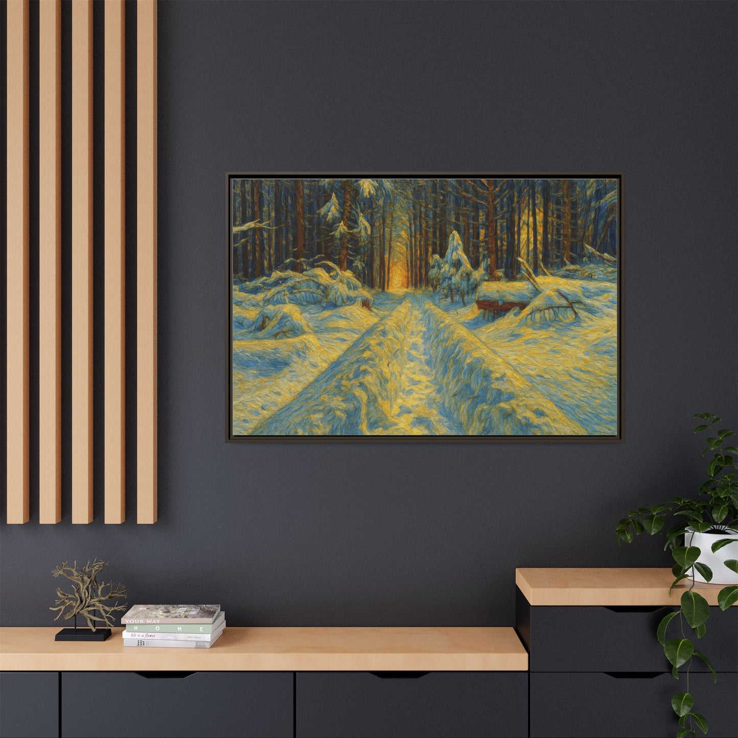 Framed matte canvas print of a snowy forest path at sunset, wall art by Printify showcasing winter landscape and vibrant colors.