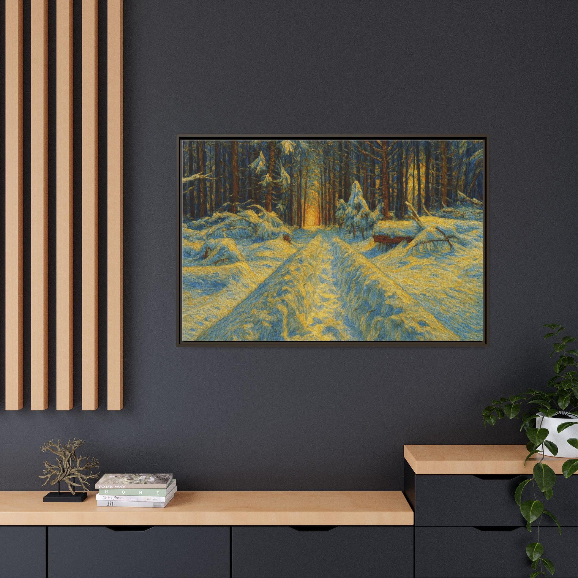 Framed matte canvas print of a snowy forest path at sunset, wall art by Printify showcasing winter landscape and vibrant colors.